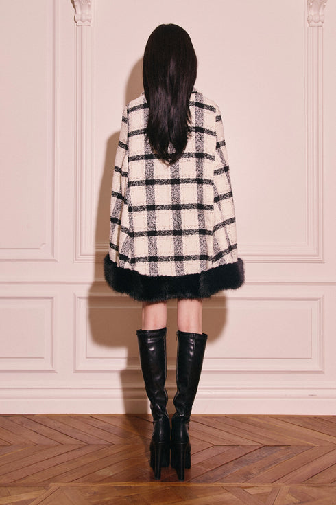 プレイドツイードファーポンチョ