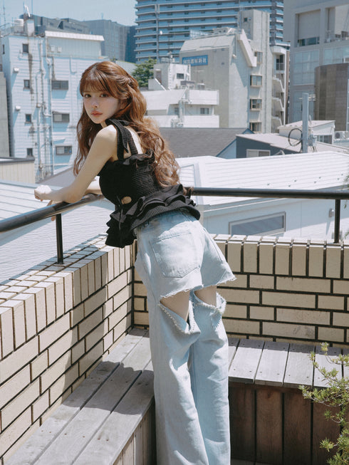 ビジューバックカットワイドデニム