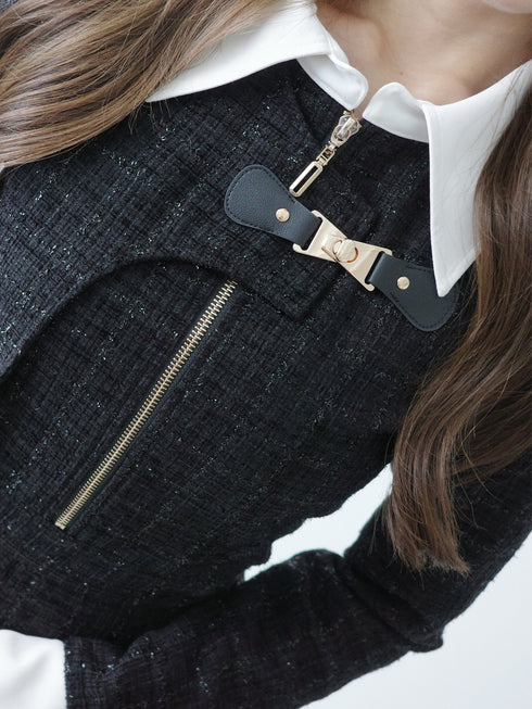 Asymmetrical buckle tweed dress