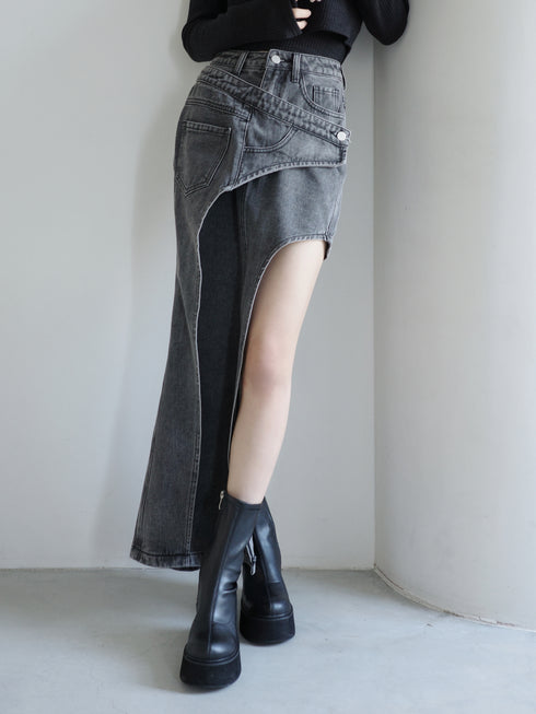 アシンメトリーカットアウトデニムスカート