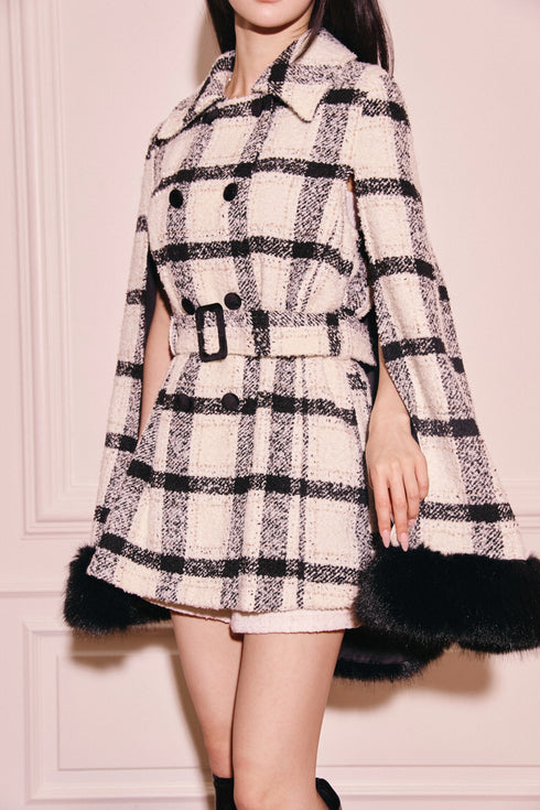 プレイドツイードファーポンチョ