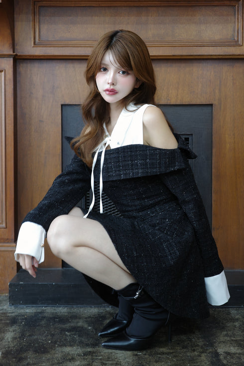 ツイードショルダーカットフレアミニワンピース