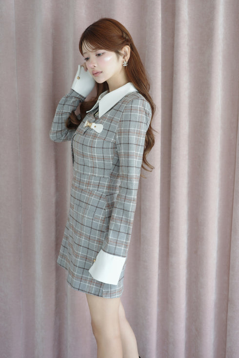 タータンチェックアシンメトリーバックルワンピース