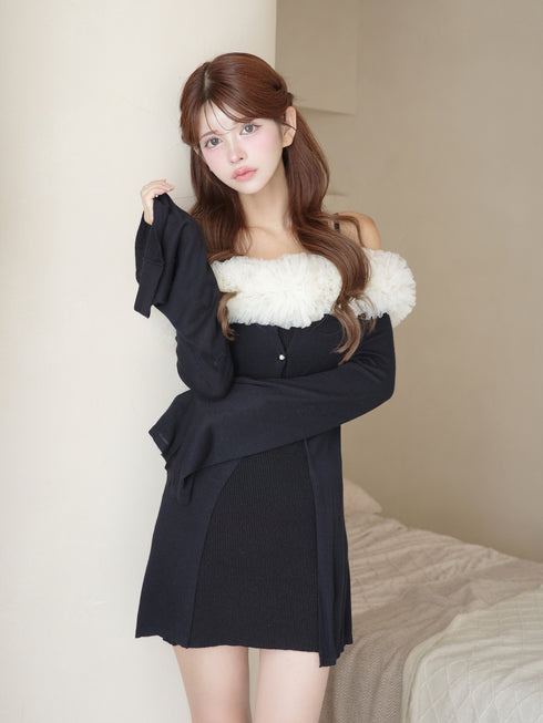 チュールオフショルアシンメトリーワンピース