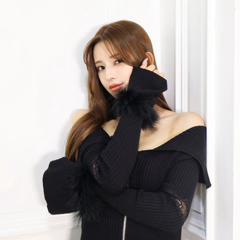 Off shoulder fur sleeve dress