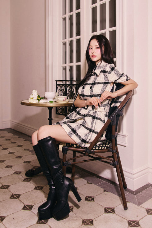 プレイドツイードファーポンチョ