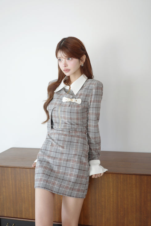 タータンチェックアシンメトリーバックルワンピース