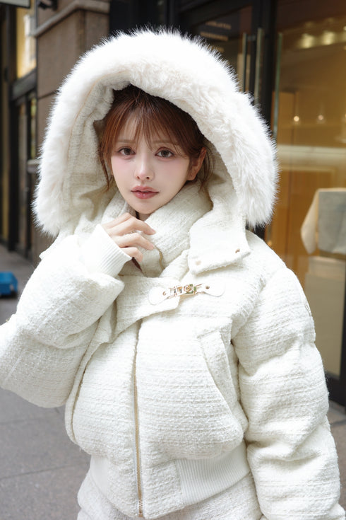 アシンメトリーバックルツイードパデットジャケット