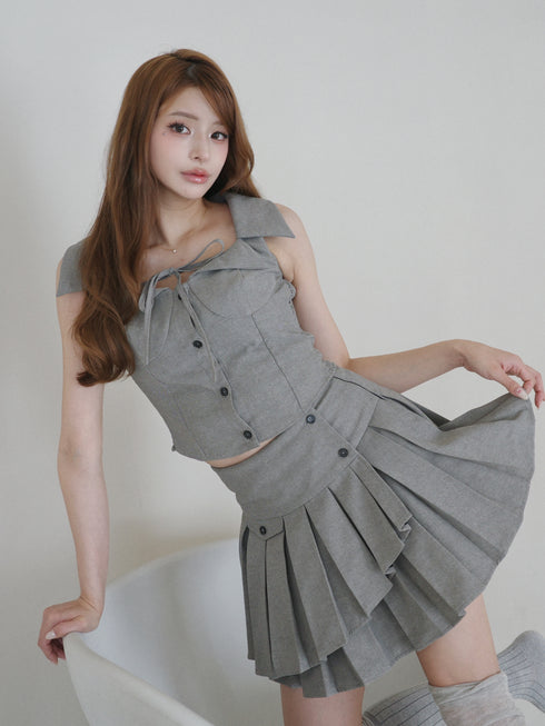 Ribbon trim bustier and double pleated skirt