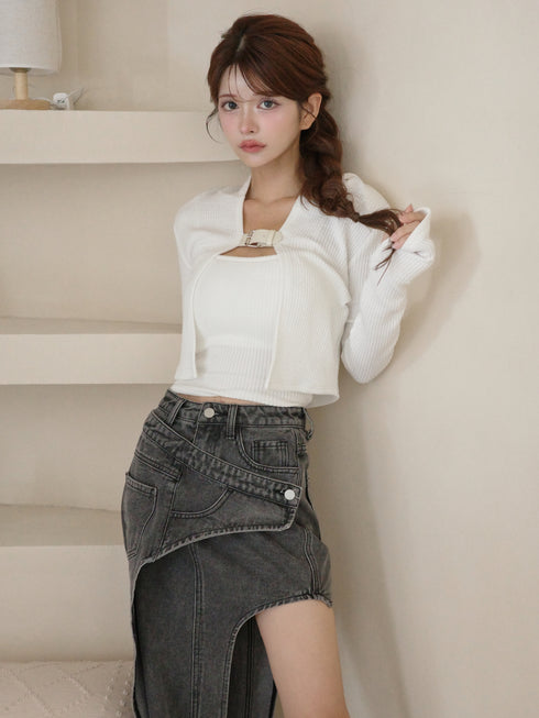 アシンメトリーカットアウトデニムスカート