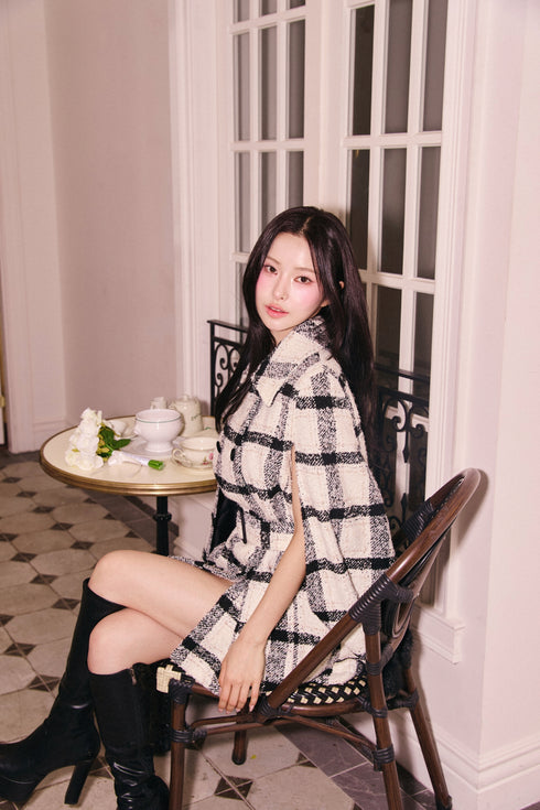 プレイドツイードファーポンチョ