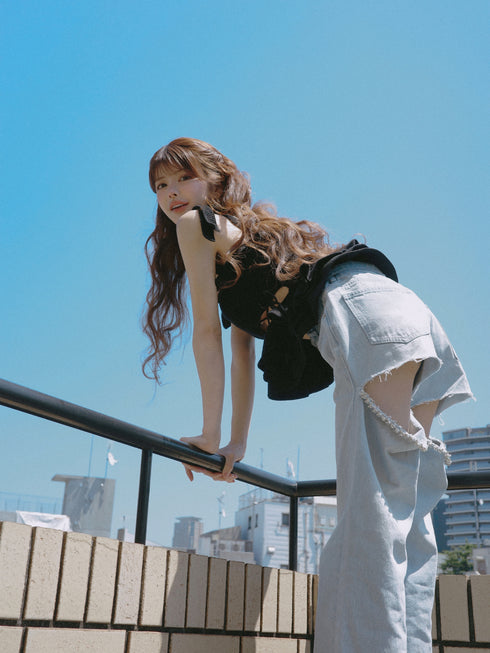 ビジューバックカットワイドデニム