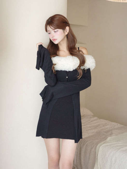 チュールオフショルアシンメトリーワンピース