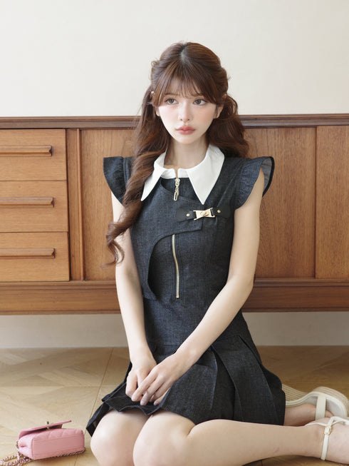 アシンメトリーバックルデニムワンピース