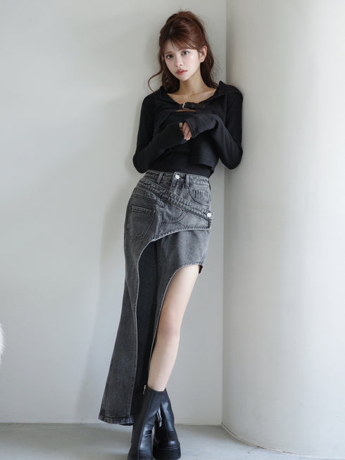 アシンメトリーカットアウトデニムスカート