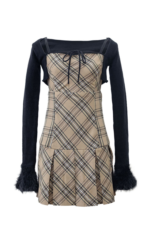 プレイドファースリーブカーディガンアンサンブル