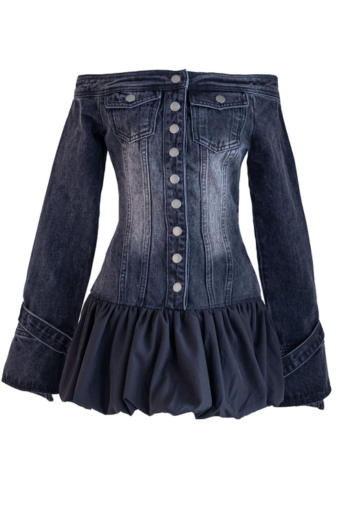 オフショルデニムバルーンワンピース