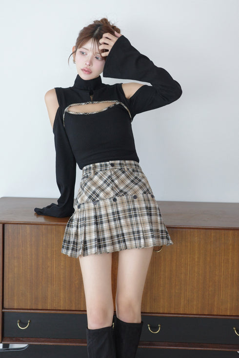 チェックパイピングカットアウトトップス