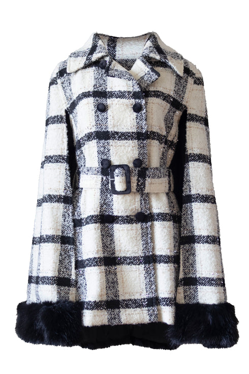 プレイドツイードファーポンチョ