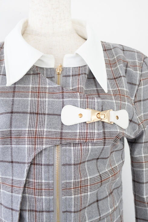 タータンチェックアシンメトリーバックルワンピース