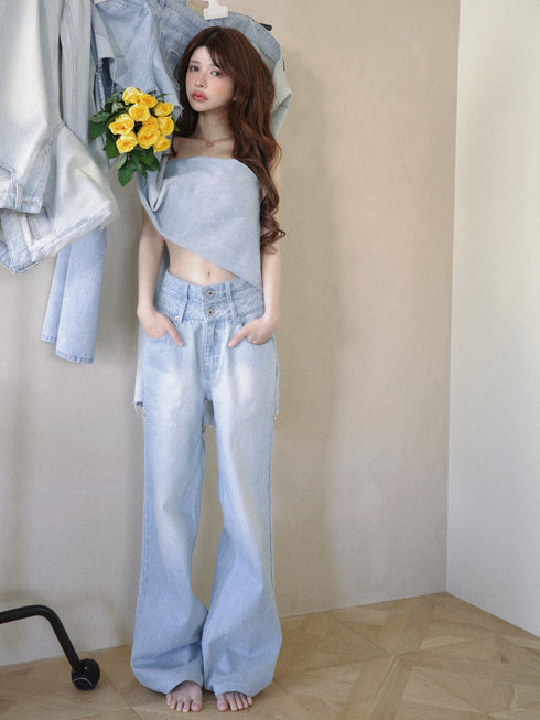 ビジューバックカットワイドデニム