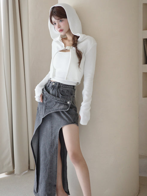 アシンメトリーカットアウトデニムスカート