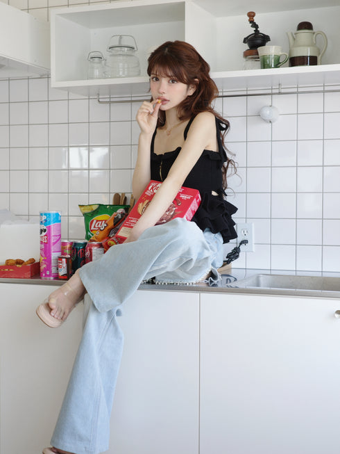 ビジューバックカットワイドデニム