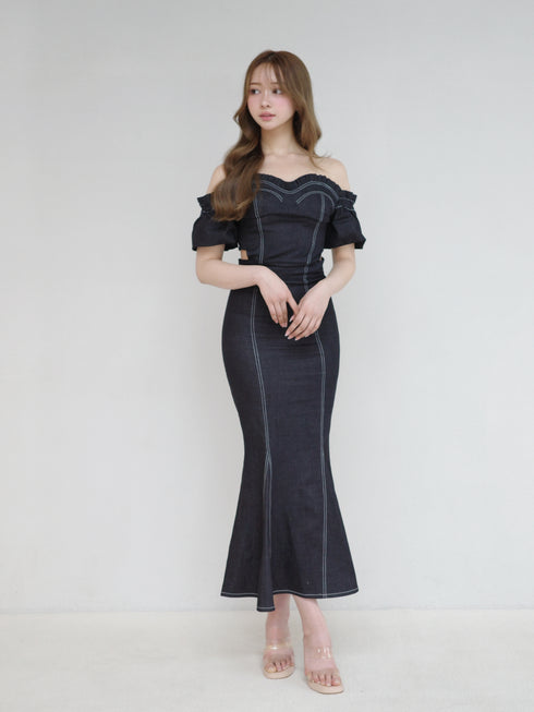 バックオープンデニムマーメイドワンピース