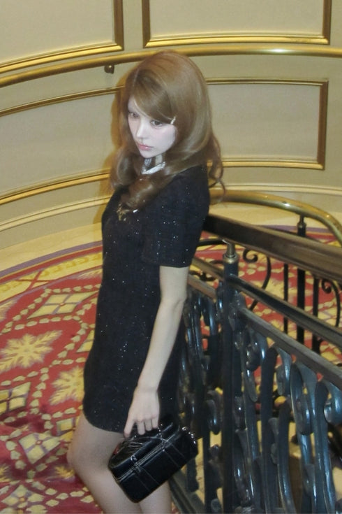 アシンメトリーツイードハーフスリーブドレス