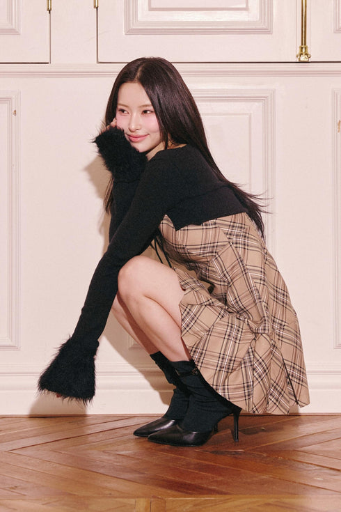 プレイドファースリーブカーディガンアンサンブル