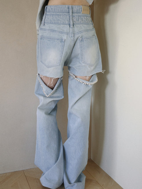 ビジューバックカットワイドデニム