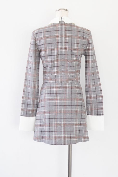 タータンチェックアシンメトリーバックルワンピース