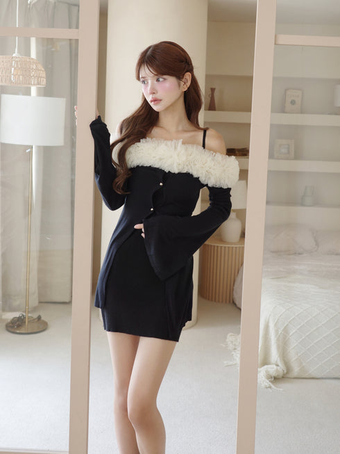 チュールオフショルアシンメトリーワンピース