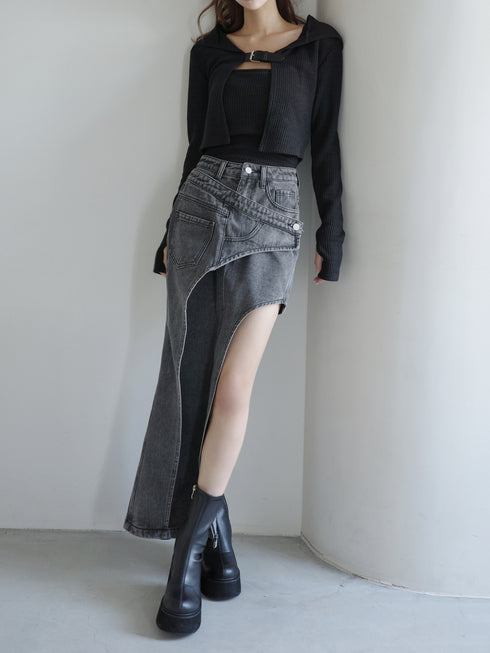 アシンメトリーカットアウトデニムスカート
