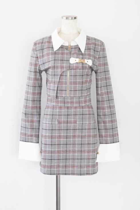 タータンチェックアシンメトリーバックルワンピース