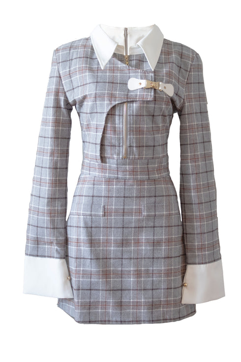 タータンチェックアシンメトリーバックルワンピース