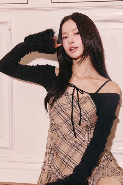 プレイドファースリーブカーディガンアンサンブル