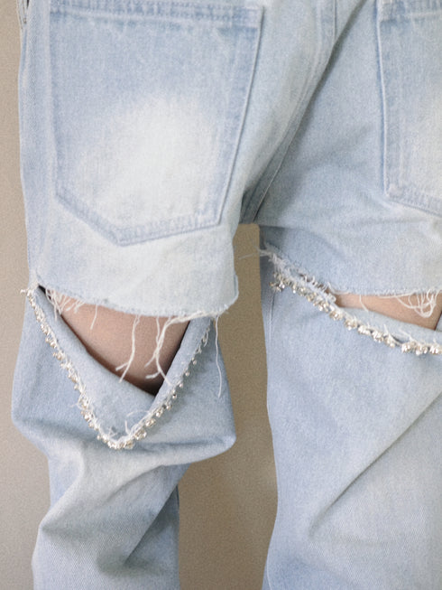 ビジューバックカットワイドデニム