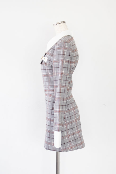 タータンチェックアシンメトリーバックルワンピース