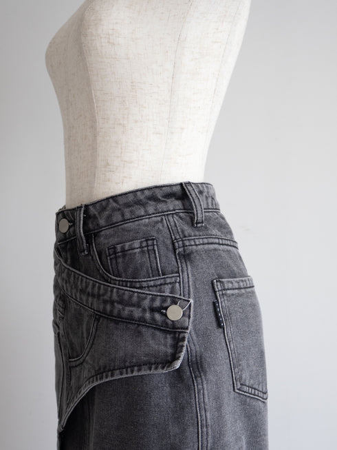 アシンメトリーカットアウトデニムスカート