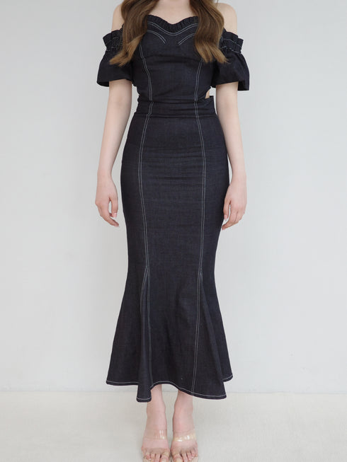 バックオープンデニムマーメイドワンピース