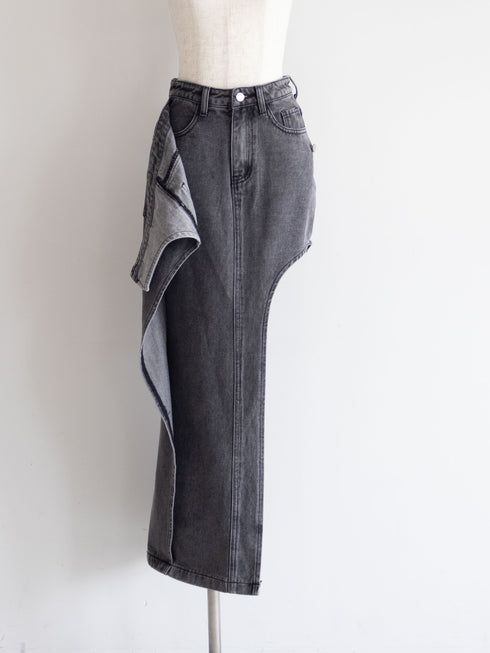 アシンメトリーカットアウトデニムスカート