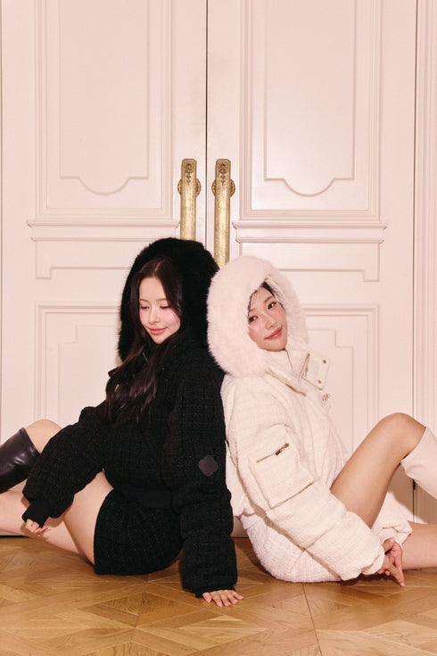 アシンメトリーバックルツイードパデットジャケット