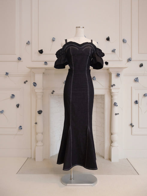 バックオープンデニムマーメイドワンピース