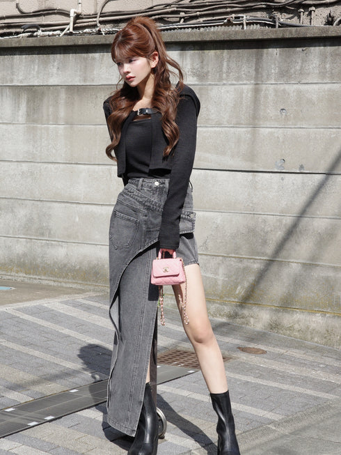 アシンメトリーカットアウトデニムスカート