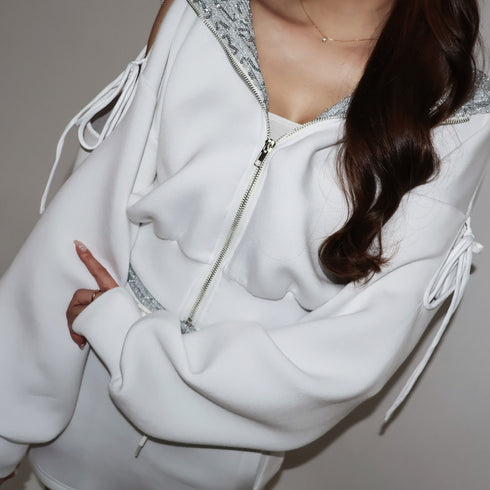 Shoulder cutout sequin sweatshirt setup