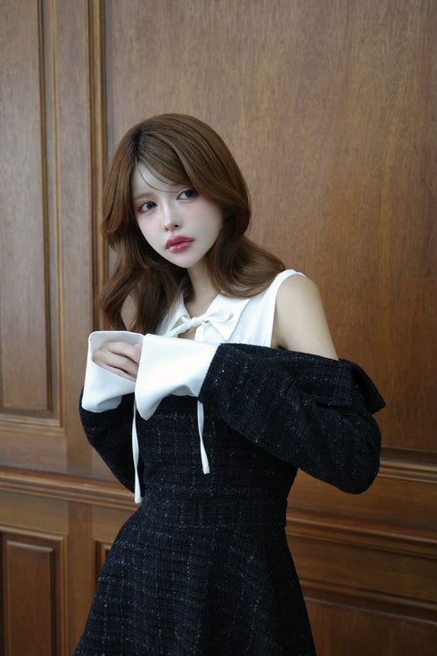 ツイードショルダーカットフレアミニワンピース