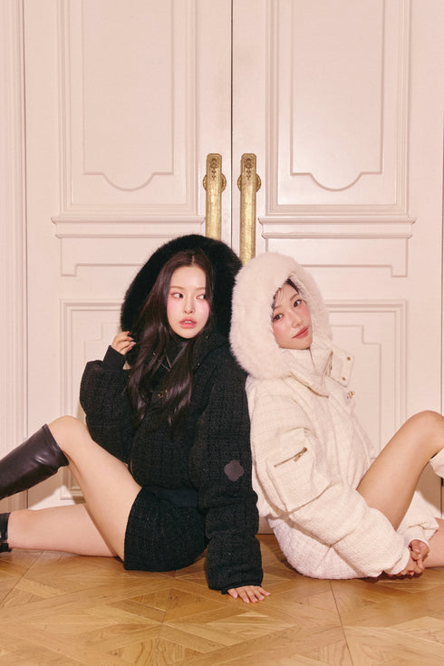 アシンメトリーバックルツイードパデットジャケット