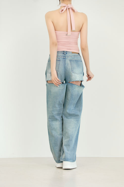 バックカットアウトスタッズデニム