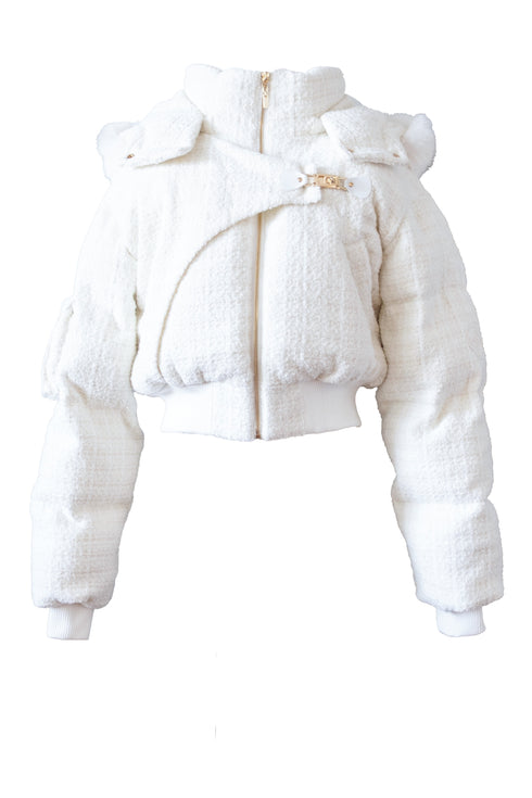 アシンメトリーバックルツイードパデットジャケット